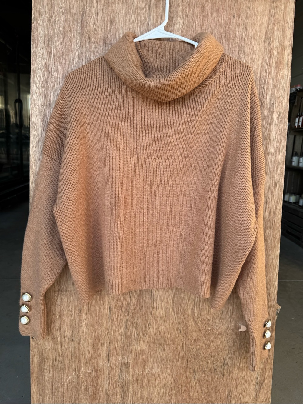 Zara Camel Turtleneck Sweater with Pearl Cuff Buttons